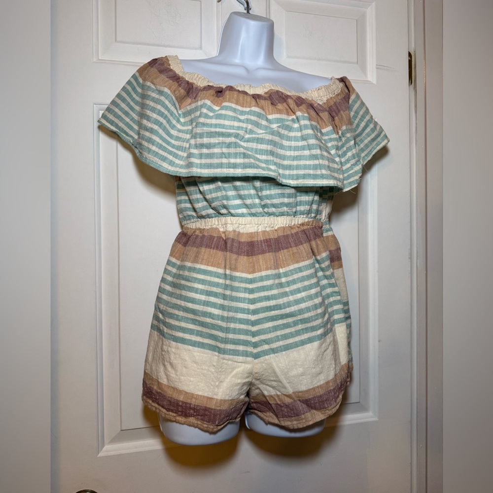 O’Neill Pearce Striped Off The Shoulder Romper MEDIUM Cotton Stretch Boho